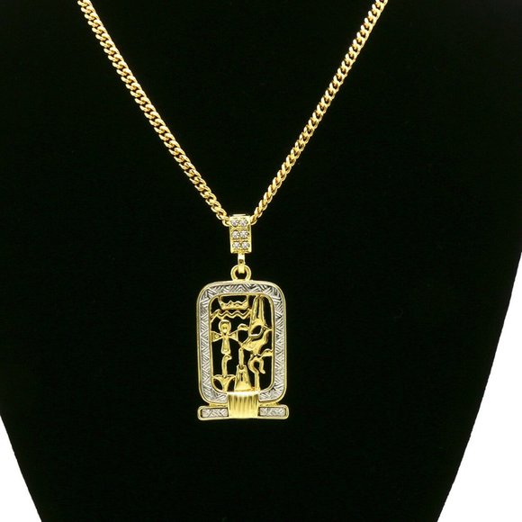 14k Gold Cartouche 27" Cuban Chain + Pendant